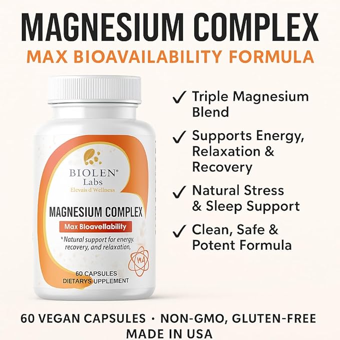 Magnesium Complex Max Bioavailability Formula for Energy Recovery Relaxation 60 Vegan Capsules Non-GMO Gluten-Free