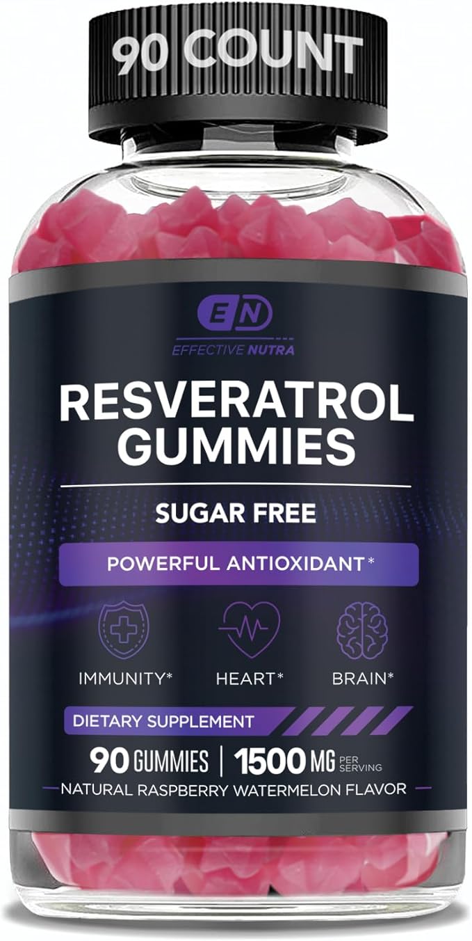 EFFECTIVE NUTRA Resveratrol Gummies 1500mg | Sugar-Free Supplement for Antioxidant Support Immunity Heart Health and Brain Function | 45-Day Supply Natural Berry Flavor Made in USA (90 Count)