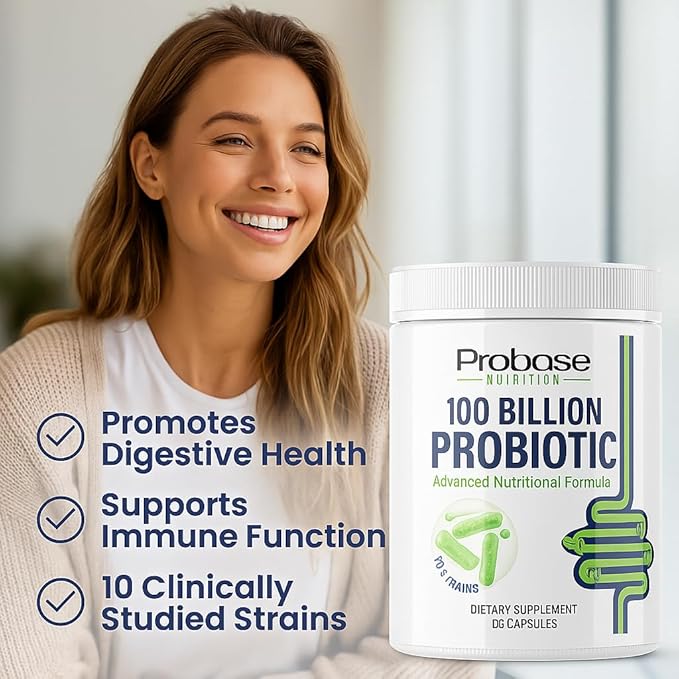 Probase Nutrition Probiotic 100 Billion CFU 10 Strains with Prebiotics 30 Veggie Capsules Gluten Free for Men and Women 30-Day Supply