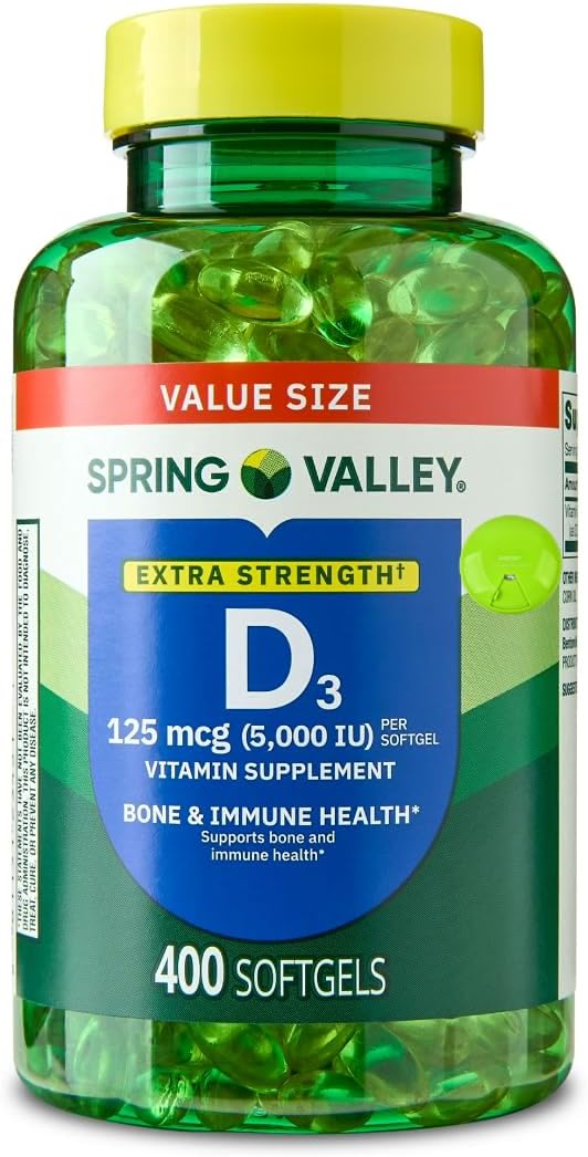 SUREFECT Spring Valley Extra Strength Vitamin D3 125 mcg (5000 IU) Softgels Bone &amp Immune Support - 400 Count Organizer