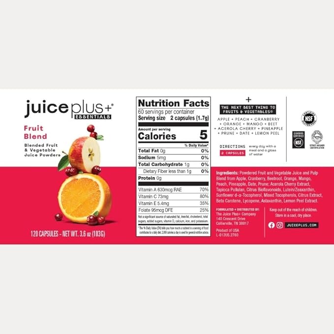 Juice Plus+ Fruit Vegetable Berry &amp Omega Blend Capsules - Nutrition from 30 Fruits Vegetables &amp Berries + Plant-Based Omega Fatty Acids - 4 Bottles (60 Servings Each)