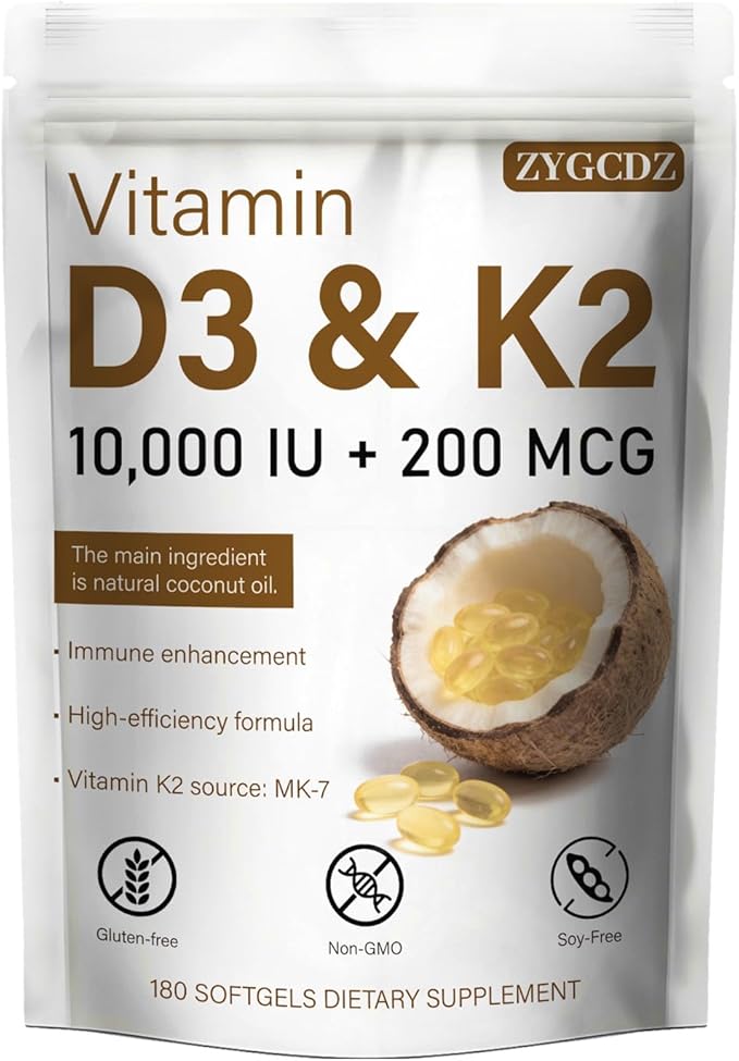 Vitamin D3 10000 IU with K2 MK-7 200 mcg Softgels 180 Count | Supports Bone Heart &amp Immune Health | Enhanced Absorption with Organic Coconut Oil Non-GMO Easy to Swallow Supplement (01)