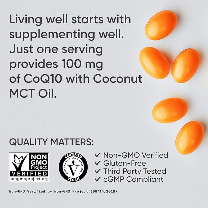 Sports Research CoQ10 (100mg) Enhanced w/Coconut Oil &amp Bioperine (Black Pepper) for Better Absorption | Vegan Certified Non-GMO Verified (120 Veggie Softgels)