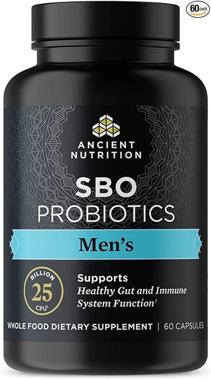 Ancient Nutrition Probiotics for Men SBO Probiotics Men's 60 Ct for Gut Health Digestive and Immune Support Boosts Muscle Mass and Fat Metabolism 25 Billion CFUs* Per Serving