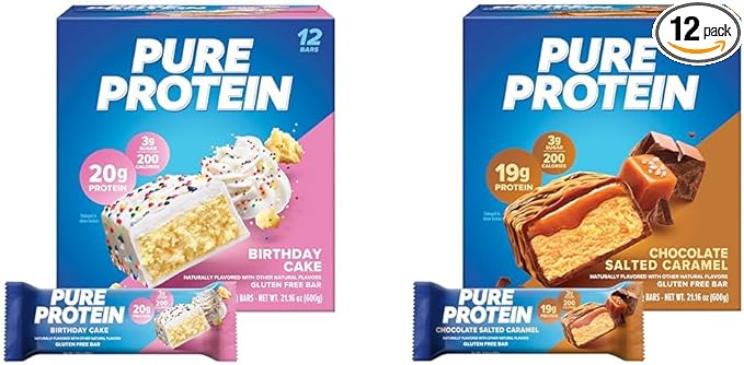 Pure Protein Birthday Cake and Chocolate Salted Caramel High Protein Bars 1.76 oz Pack of 12
