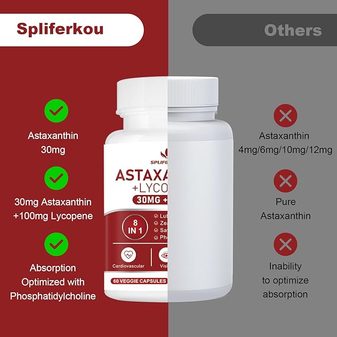 Astaxanthin and Lycopene 70mgAstaxanthin Supplement with Phosphatidylcholine Lutein and Zeaxanthin Powerful Antioxidants Supplement (180 Capsules)