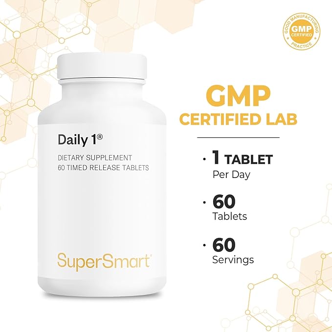 Supersmart - Daily 1® Timed Release - Multivitamin Supplement for Women &amp Men - with BioPQQ® Vitamin A B C D &amp E Biotin Quercetin &amp Fisetin | Made in USA | Non-GMO &amp Gluten Free