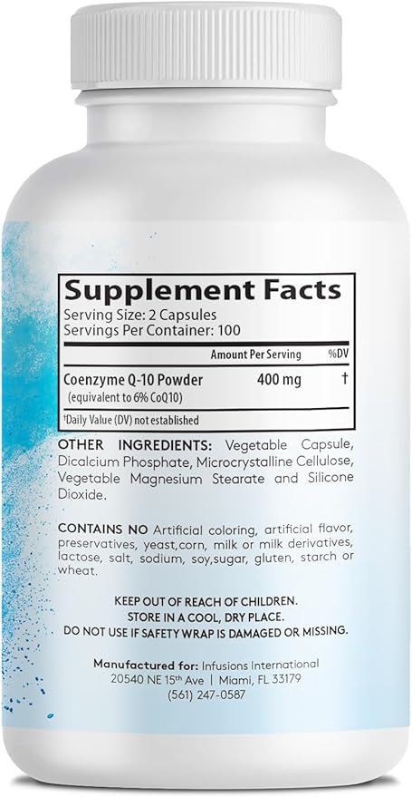 Infusions Pure Extra Strength CoQ10 400mg 400 Capsules High Absorption Gluten Free Non-GMO 2 Pack