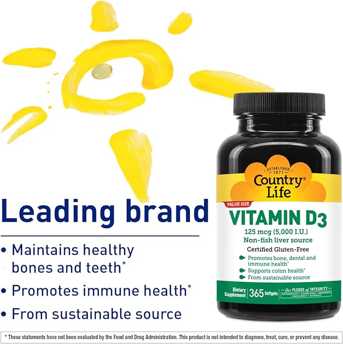 Country Life Vitamin D3 5000 IU – High Potency Non-Fish Source Supports Bone Health Immune Function &amp Calcium Absorption – 365 Softgels Certified Gluten-Free Long-Term Supply
