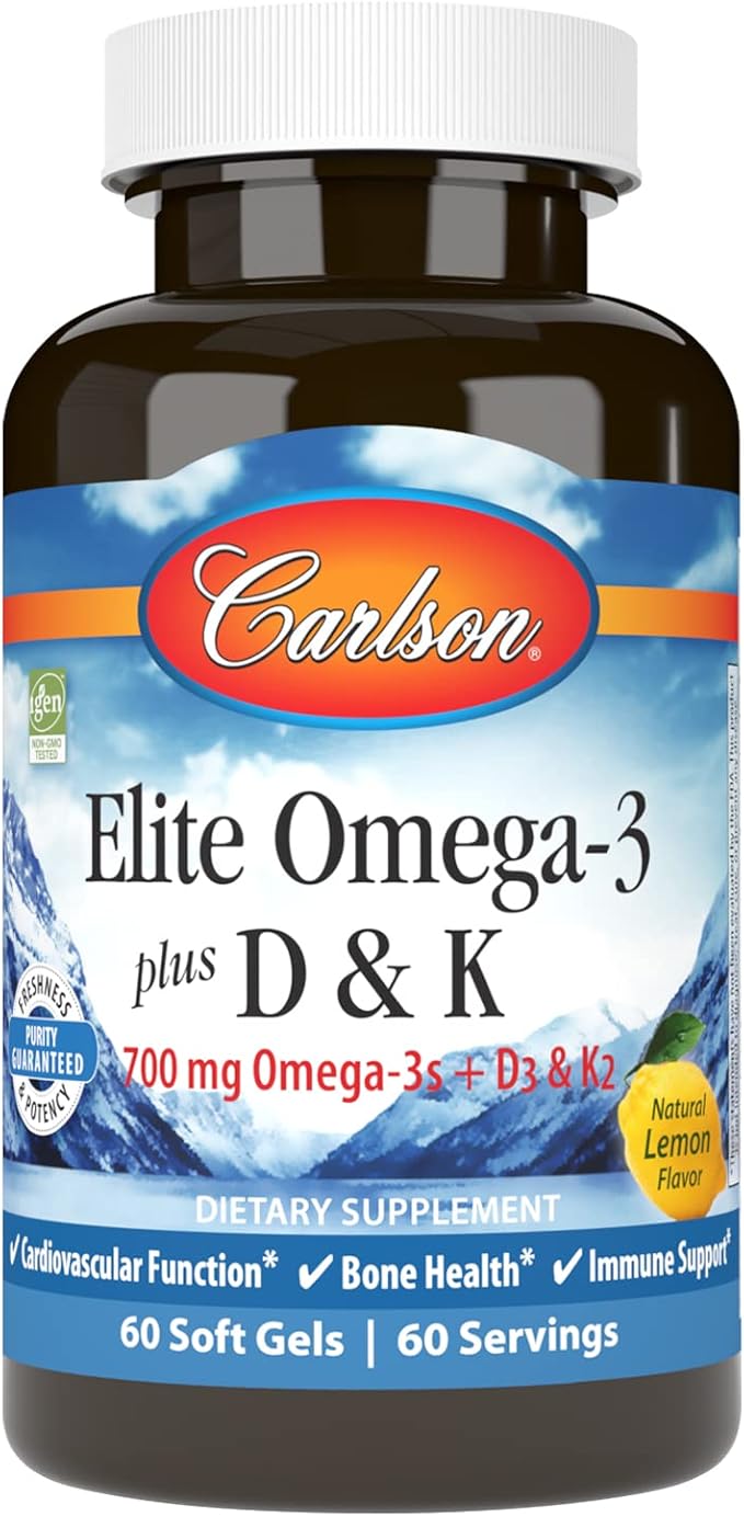 Carlson - Elite Omega-3 Plus D &amp K 700 mg Omega-3s + D3 &amp K2 Function Bone Health &amp Immune Support Lemon 60 Softgels