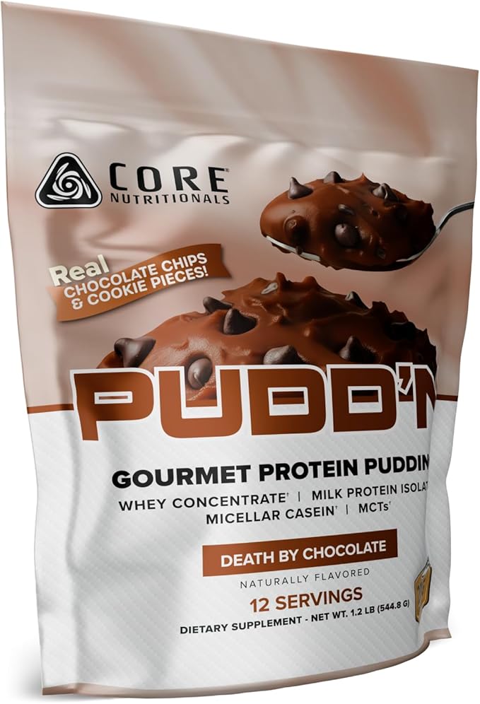 Core Nutritionals Pudd'n Gourmet Protein Pudding Mix | Whey &amp Casein Blend | MCTs &amp Digestive Enzymes | 20g Protein |Thick &amp Creamy Dessert | Real Food Inclusions |12 Servings (Death by Ch
