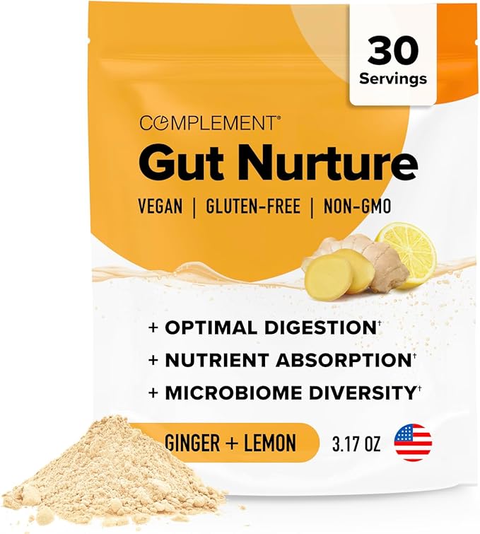 Complement Gut Nurture Prebiotic + Postbiotic Superfood Powder for Leaky Gut Repair Probiotics for Digestive Health - Ginger Root - 30 Servings
