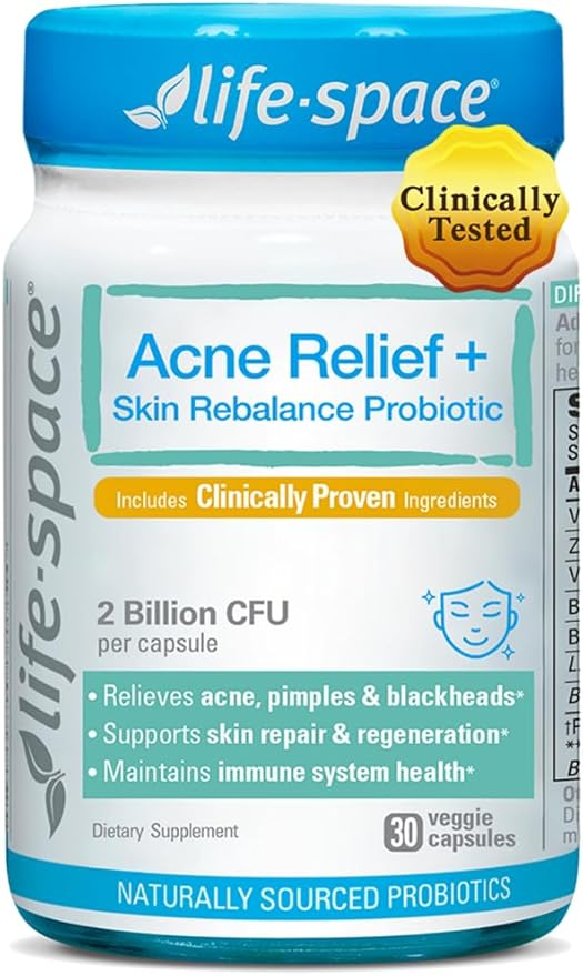 Life-Space Acne Relief + Skin Rebalance Probiotic 6-in-1 Scientific Formula &amp 2 Billion CFU Support Breakout Control &amp Skin Health &amp Gut Health Probiotics for Women &amp Men 30 Vegeta