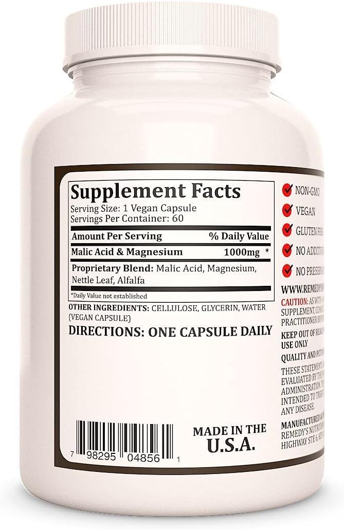 Remedy's Nutrition Malic Acid &amp Magnesium | 1000 mg 60 Vegan Capsules Dietary Supplement | Two Month Supply