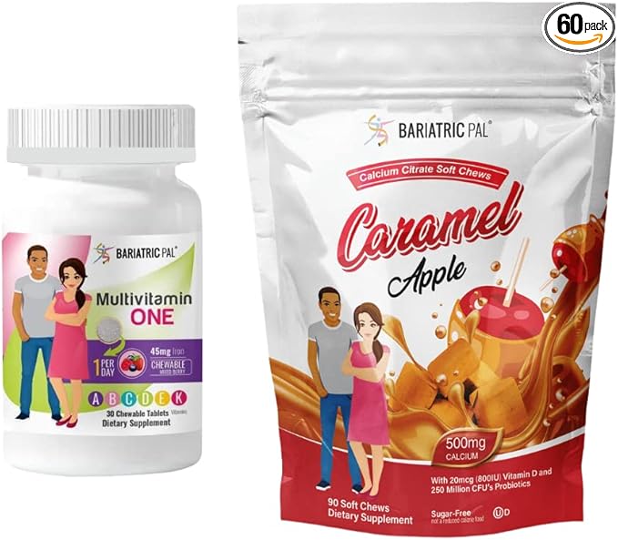 BariatricPal 30-Day Bariatric Vitamin Bundle (Multivitamin ONE 1 per Day! with 45mg Iron Chewable - Mixed Berry and Calcium Citrate Soft Chews 500mg with Probiotics - Caramel Apple)