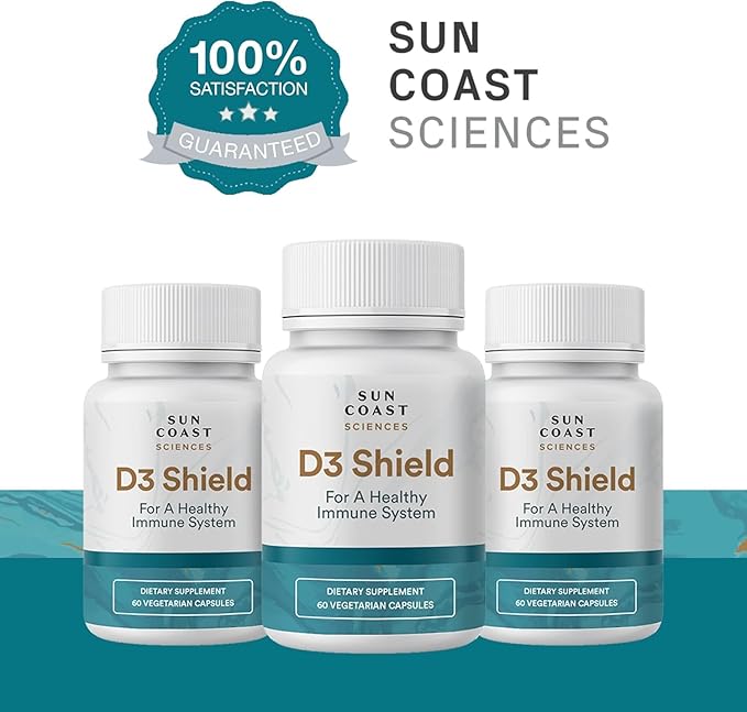 Sun Coast Science Sciences D3 Shield - Vitamin 5000 IU for Immune Support and Bone Health 60 Vegetarian Capsules K2 with 210mg Calcium Carbonate BioPerine Maximum Absorption
