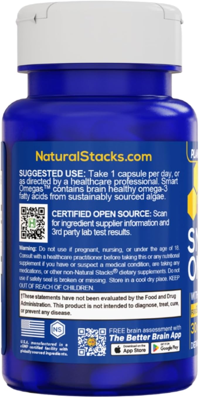 NATURAL STACKS Smart Omegas - Omega 3 Supplement w/ 200mg DHA &amp 200mg Blue Spirulina - Plant Based Algae Oil Omega 3 Supplement - Fish Oil Free Antioxidant Support - 30 Blue Spirulina Capsules