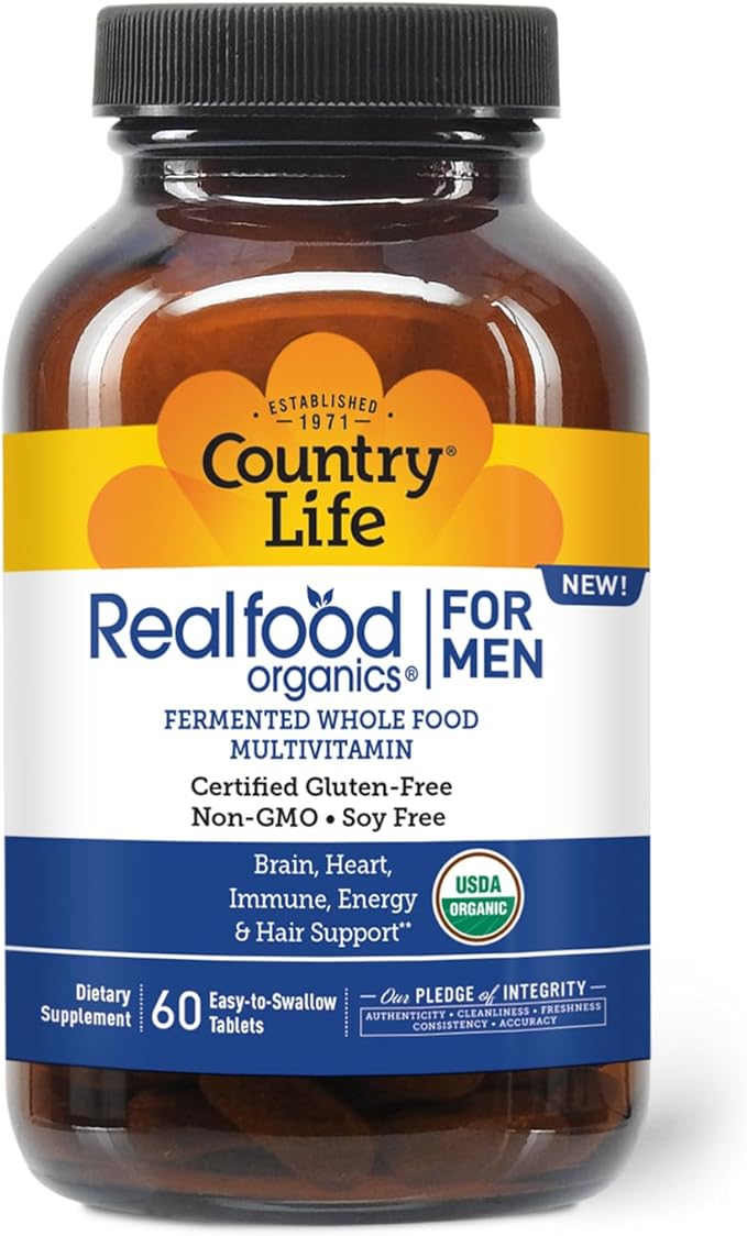 Country Life RealFood Organics for Men – 60 Tablets | 1300mg Organic Fermented Whole Foods 7-Mushroom Superfood &amp Aloe – Certified Gluten-Free Vegan &amp USDA Organic Multivitamin
