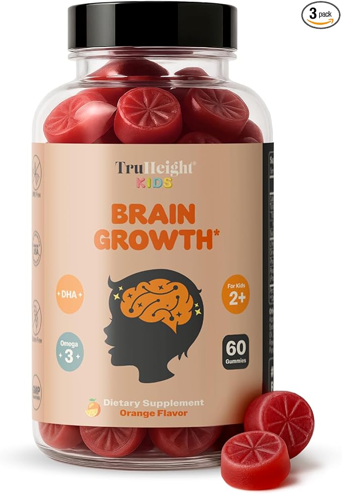 TruHeight Kids Brain Growth Gummies (Orange Ages 2+) All Natural Kids &amp Toddler Vitamins - Omega-3 DHA Multivitamin - Brain &amp Memory Supplements - Gluten Free Supplement Vitamin