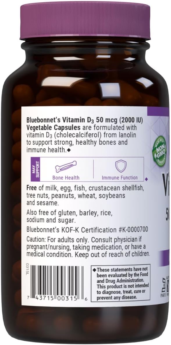 Bluebonnet Nutrition Vitamin D3 2000 IU Vegetable Capsule Aid in Muscle and Skeletal Growth Cholecalciferol from Lanolin D3 Non GMO Gluten Free Soy Free Milk Free Kosher 180 Vegetable Capsule