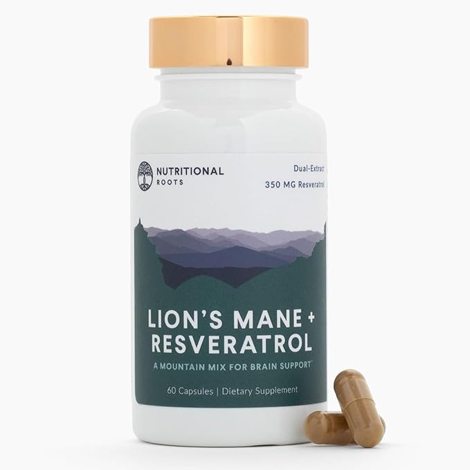 Nutritional Roots - Lion’s Mane + Resveratrol - With 800mg Lion’s Mane Extract &amp 350mg Trans-Resveratrol Per Serving - Supports Brain &amp Heart Health - Dietary Supplement - 1 Month Supply - 60