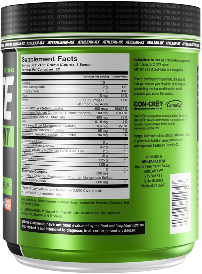 X-CITE Pre-Workout by ATHLEAN-X - Enhanced Formula with Beta-Alanine Creatine &amp Caffeine for Ultimate Energy Endurance Focus &amp Muscle Pump NSF Certified for Sports (Sour Green Apple)
