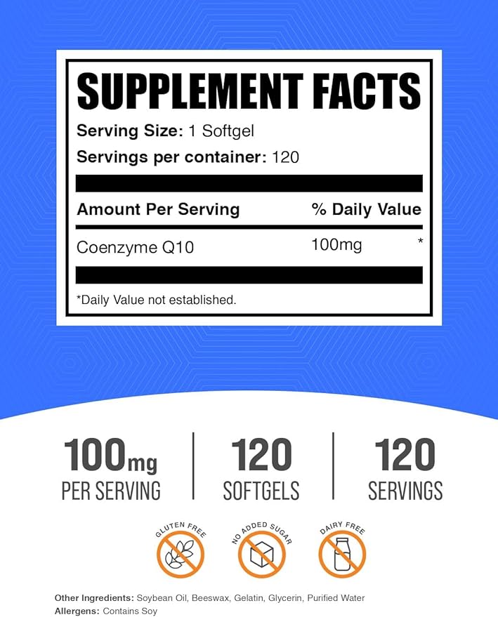 BulkSupplements.com CoQ10 100mg Softgels - Coenzyme Q10 100mg Supplement for Heart Health - Gluten Free 1 Softgel per Serving 120 Count (Pack of 1)