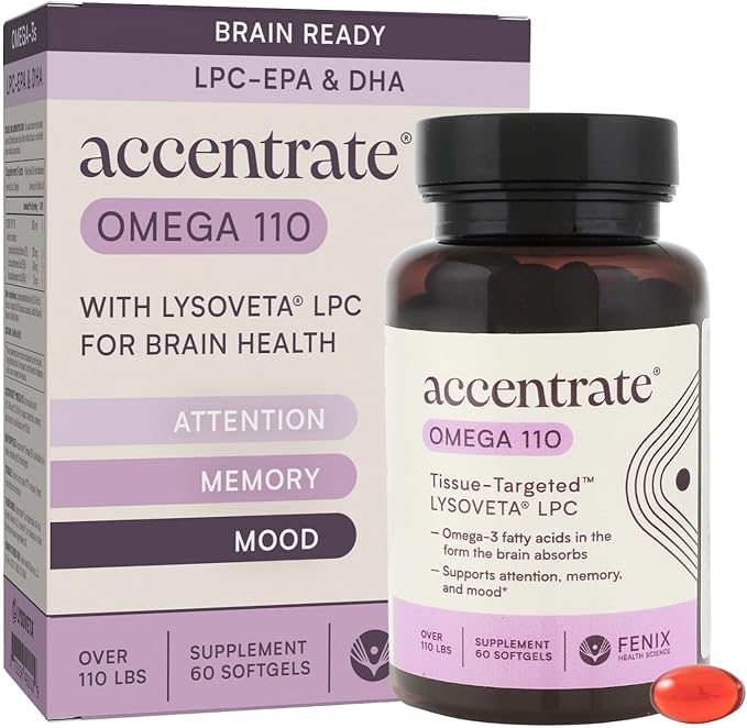 Omega 110 w/LYSOVETA LPC | EPA &amp DHA Supplements for Brain &amp Retina Health | Focus Attention Memory Mood &amp Vision | 6X Higher Absorption Than Fish Oil | High Potency Omega-3 LPC-DHA