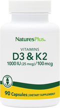 NaturesPlus Vitamins D3 (1000 IU) &amp K2 (100 mcg) - Vegetarian Gluten Free - 90 Capsules 90 Servings