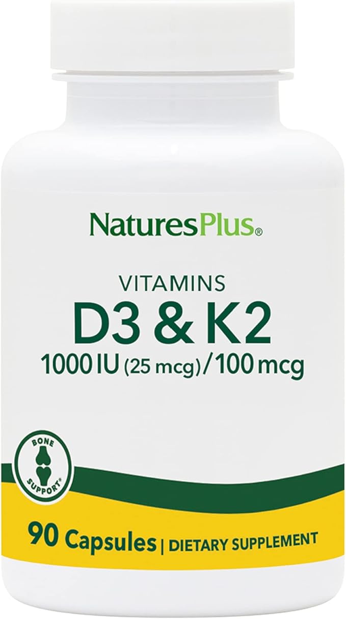 NaturesPlus Vitamins D3 (1000 IU) &amp K2 (100 mcg) - Vegetarian Gluten Free - 90 Capsules 90 Servings