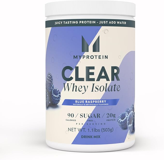 Myprotein Clear Whey Isolate Protein Powder 20 Servings (1.1lbs) Blue Raspberry 20g Protein per Serving Naturally Flavored Drink Mix Daily Protein Intake for Superior Performance