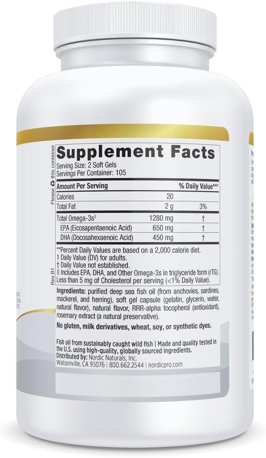 Nordic Naturals ProOmega Lemon Flavor - 210 Soft Gels - 1000 mg Omega-3 - High-Potency Fish Oil with EPA &amp DHA - Promotes Brain Eye Heart &amp Immune Health - Non-GMO - 105 Servings (Pack of