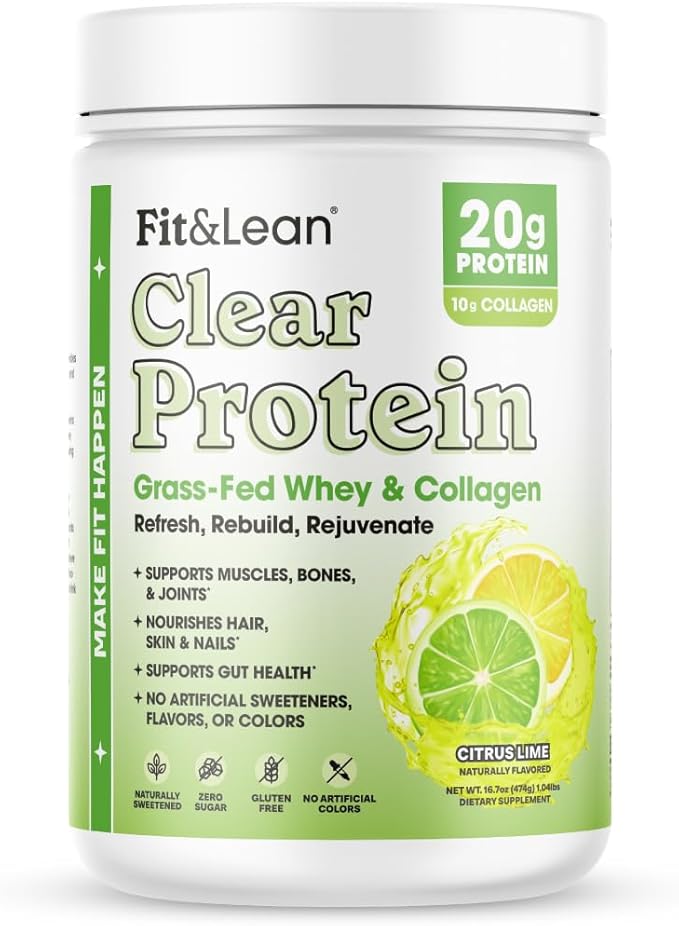Fit &amp Lean Clear Protein Powder with Whey Isolate Protein and Collagen Grass Fed Muscle Recovery Skin Joints GLP-1 Support 0g Sugar Citrus Lime 20 Servings