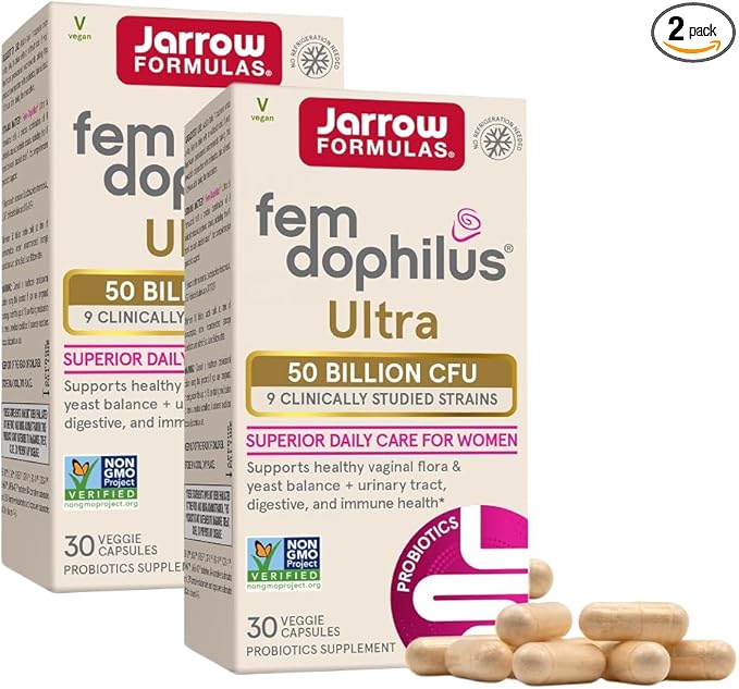 Jarrow Formulas Fem-Dophilus Vaginal &amp Digestive Probiotic 50 Billion CFU 9 Clinically-Studied Strains for Vaginal Flora &amp Yeast Balance Urinary Tract Digestive 30 Capsules (Pack of 2)
