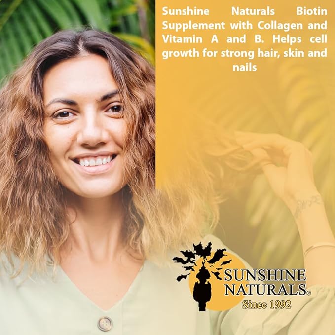 Sunshine Naturals Biotin Dietary Supplement. for Healthier Skin Thicker Hair Nail Growth. Collagen Vitamin A B for Hair Loss Beauty Cell Renewal Scalp Health. 5000 mcg. 90 Capsules. Pack of 3