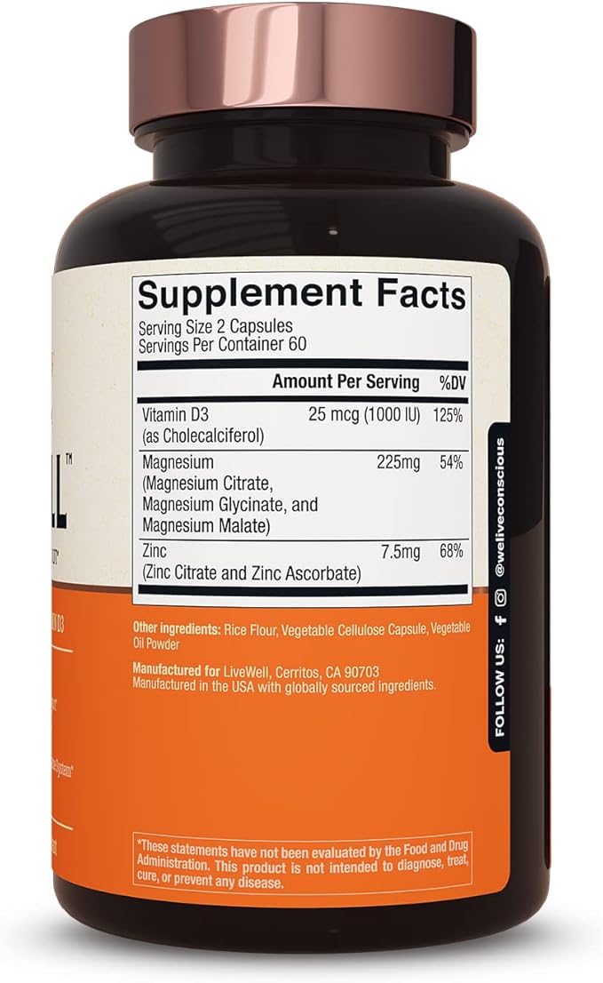 Live Conscious Magwell Magnesium Zinc &amp Vitamin D3 - Magnesium Glycinate Malate &amp Citrate - Triple Supplement for Women &amp Men - for Sleep Bone Heart Immune Support - 120 Caps