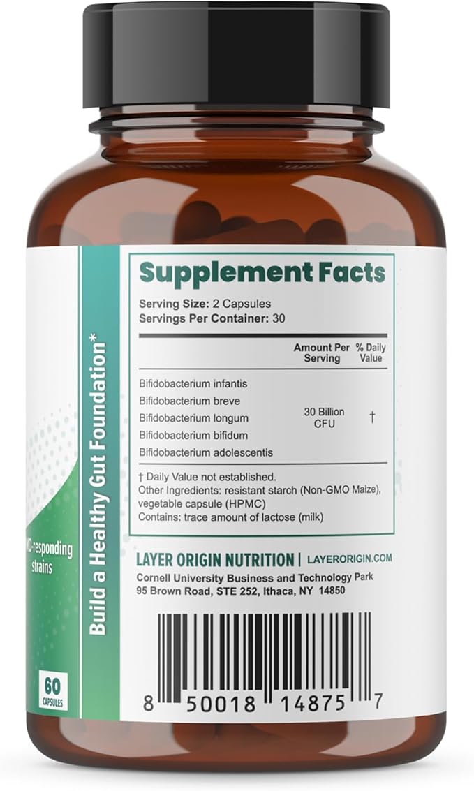 Layer Origin PureBifido Probiotics with 5 Strains of Bifidobacteria for Seeding Gut Microbiome and Boosting Your Gut Health 30 Servings HMO-Prebiotic Responding Strains