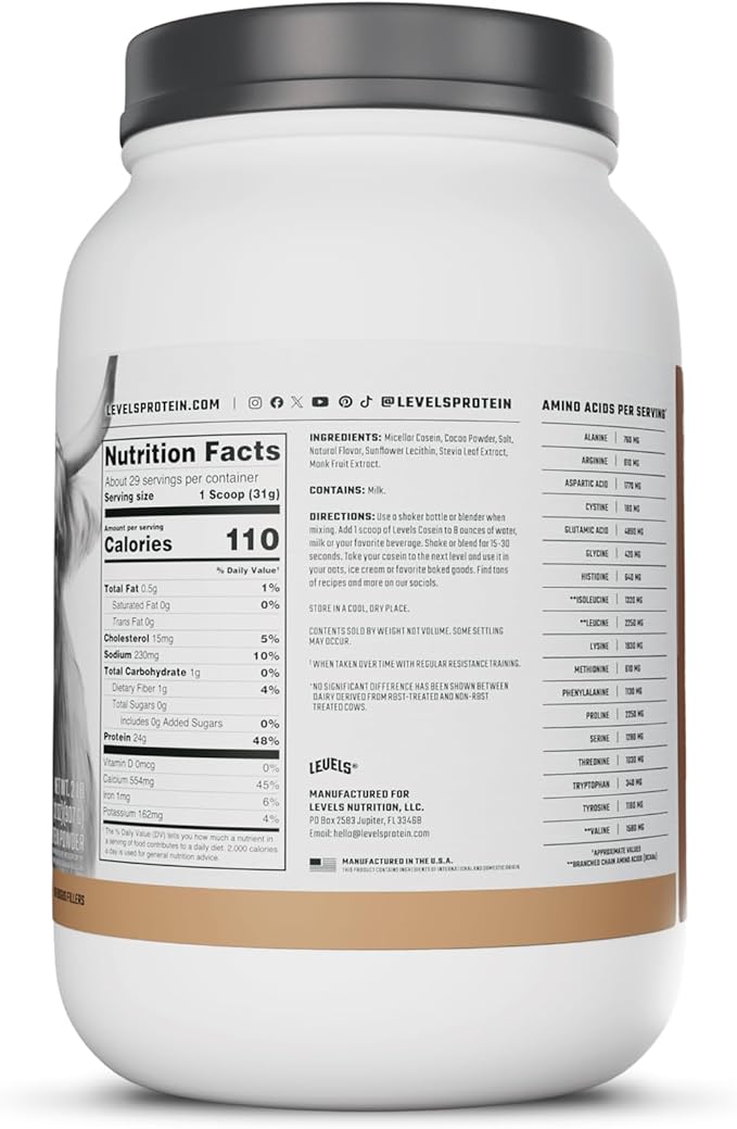 Levels 100% Micellar Casein Protein Hormone Free Chocolate 2LB