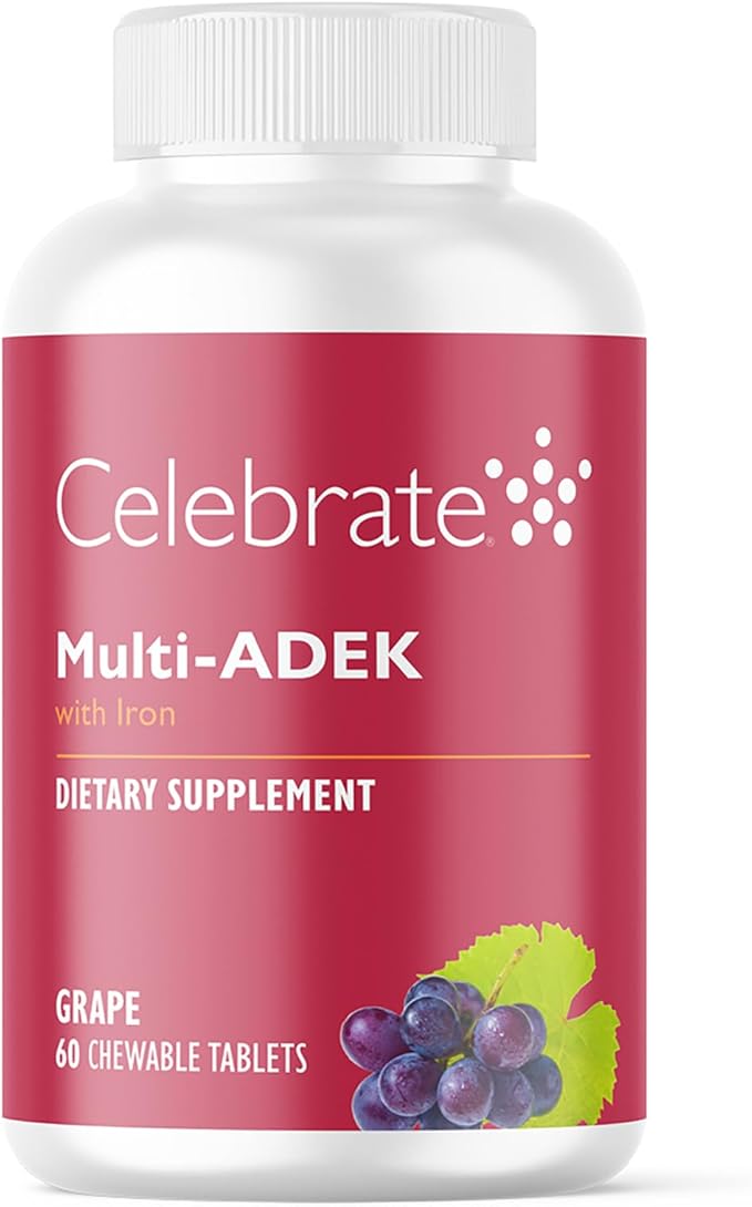 Celebrate Vitamins Multi ADEK Chewables 60mg Iron - Daily Bariatric Multivitamin Vitamins A D E K &amp B12 for Duodenal Switch Surgery Patients - Grape (60 Tablets)