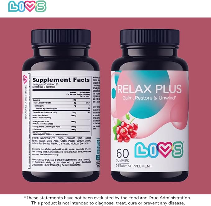 LIVS Relax Plus Gummies – Stress Relief &amp Calm Support | Ashwagandha GABA Lemon Balm &amp Vitamin B6 for Relaxation &amp Mood | Natural Red Berry Flavor | Vegan Supplement for Adults &amp Kid