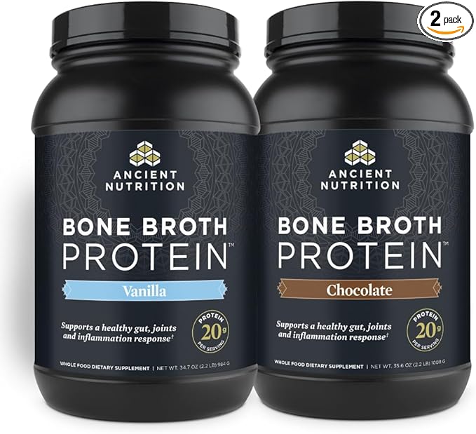 Ancient Nutrition Bone Broth Protein Powder Chocolate 40 Servings + Bone Broth Protein Powder Vanilla 40 Servings