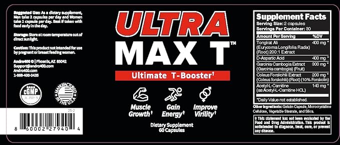 Andro400 Ultra Max T Maximum Strength T-Support Complex – 200:1 Tongkat Ali ForsLean &amp D-Aspartic Acid – Premium Formula for Lean Muscle &amp Metabolism – 2 Pack 120 Capsules 60 Day Supply