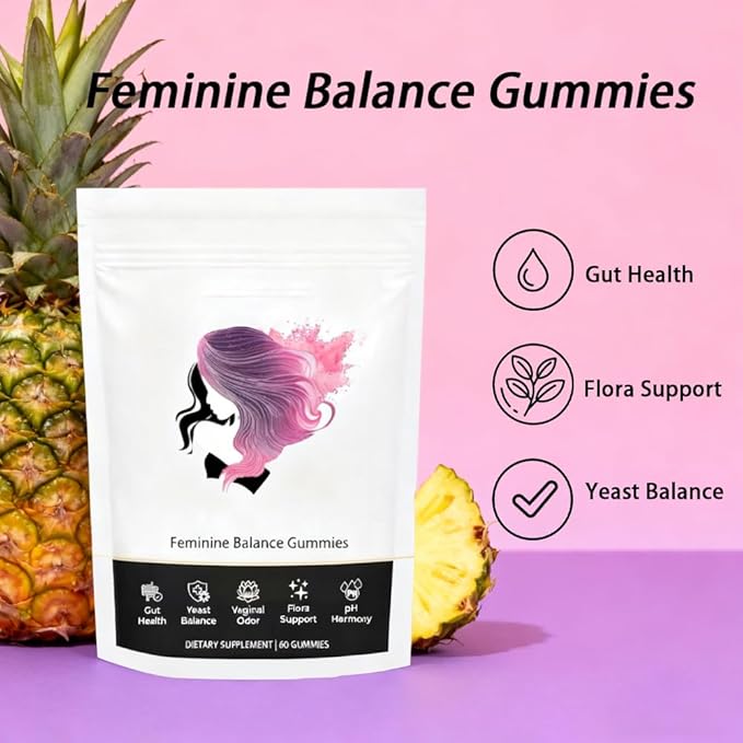 Feminine Balance Gummies for Women - Vegan Pineapple Flavor Gummy Supplement Supports Vaginal pH &amp Healthy Flora 60 Count for 30 Day Supply