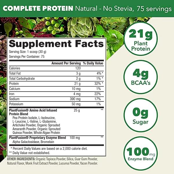 PlantFusion Complete Vegan Protein Powder - Plant Based Protein Powder with BCAAs Digestive Enzymes and Pea Protein - Keto Gluten Free Non-Dairy No Sugar Non-GMO - Natural- No Stevia 5 lb Bulk