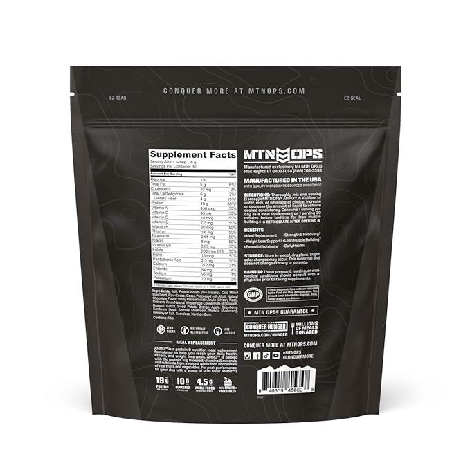 MTN OPS Ammo Meal Replacement Shake Powder – 19g Protein 10g Flaxseed 4.5g Whole Foods Real Fruits &amp Vegetables – Daily Nutrition &amp On-the-Go Fuel 30 Servings Chocolate