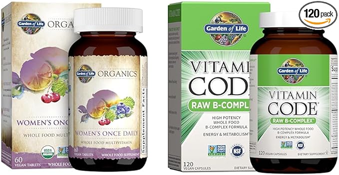 Garden of Life Women's Multivitamin 60 Tablets and Vitamin B Complex 120 Capsules for Energy Metabolism Heart and Immune Health