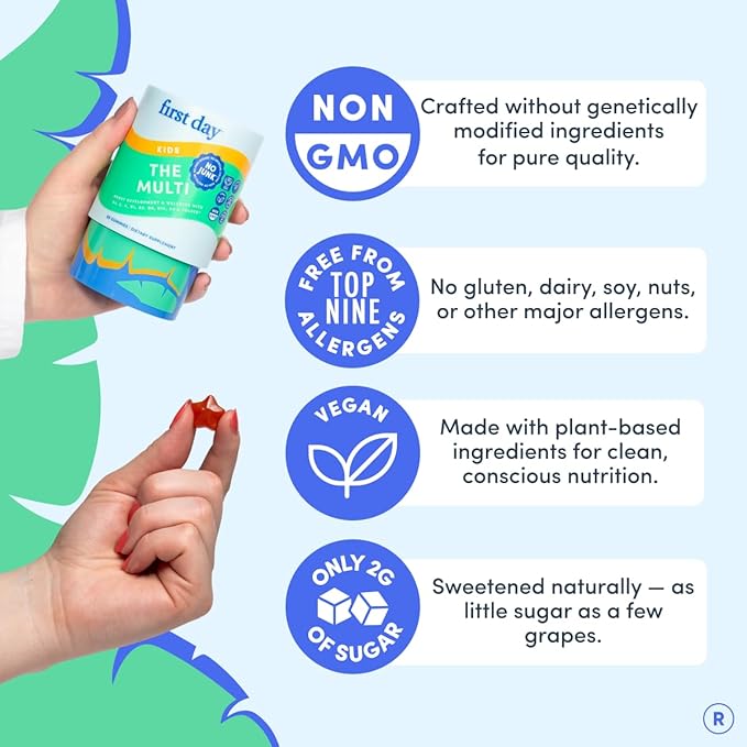 FIRST DAY Kids Multivitamin Gummies Age 4+ Strawberry &amp Orange - Kids Vitamins Multivitamin Gummy A C D3 K2 B1 B2 B6 B12 Folate Immunity &amp Brain Function Vegan - 60 Day Supply Packaging Ma