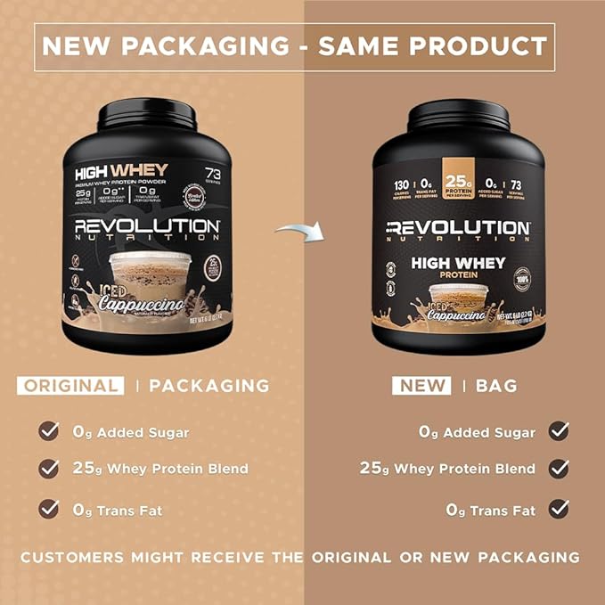 Revolution Nutrition High Whey Protein Powder 6LB Whey Isolate Gluten Free Lean Muscle Mass for Men &amp Women 25g of Protein Per Scoop 2.7kg 73 Servings (Iced Cappuccino 6 Pound)