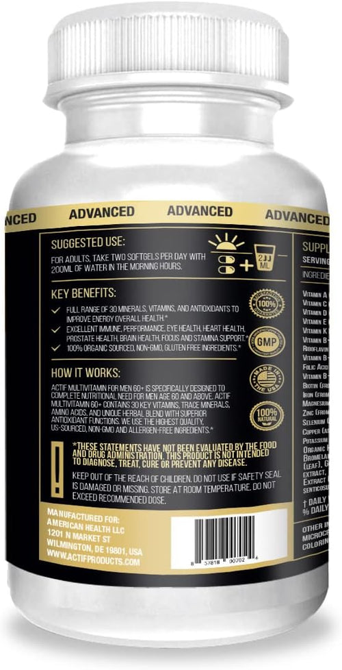 Actif Multivitamin for Men Age 60+ with 30 Organic Vitamins and Organic Herbs Non-GMO Made in USA 120 Count