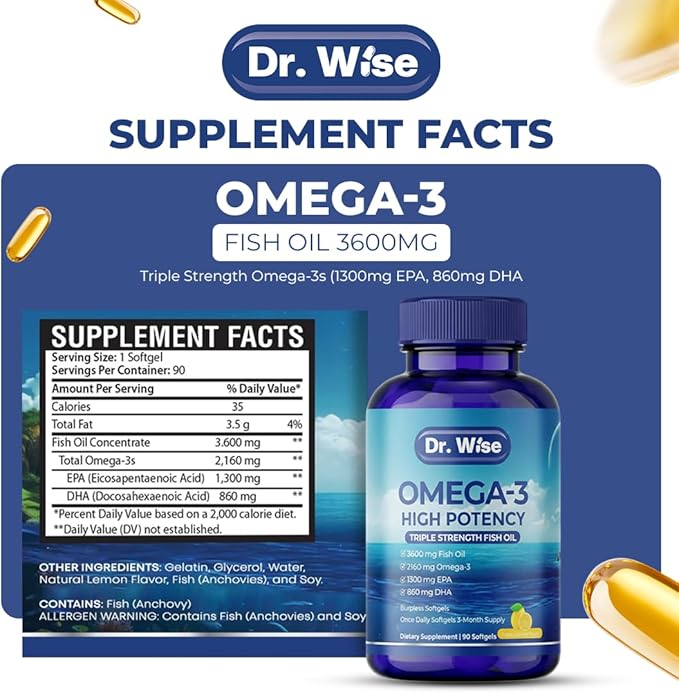 Dr. Wise Omega 3 Fish Oil 3600mg – 2160mg Omega-3 per Softgel (1300mg EPA 860mg DHA) – Triple Strength Once Daily – 90 Burpless Lemon Softgels – 3-Month Supply